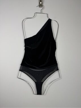 Undress Code Black Velvet One Shoulder Bodysuit Mesh Bottom Size M